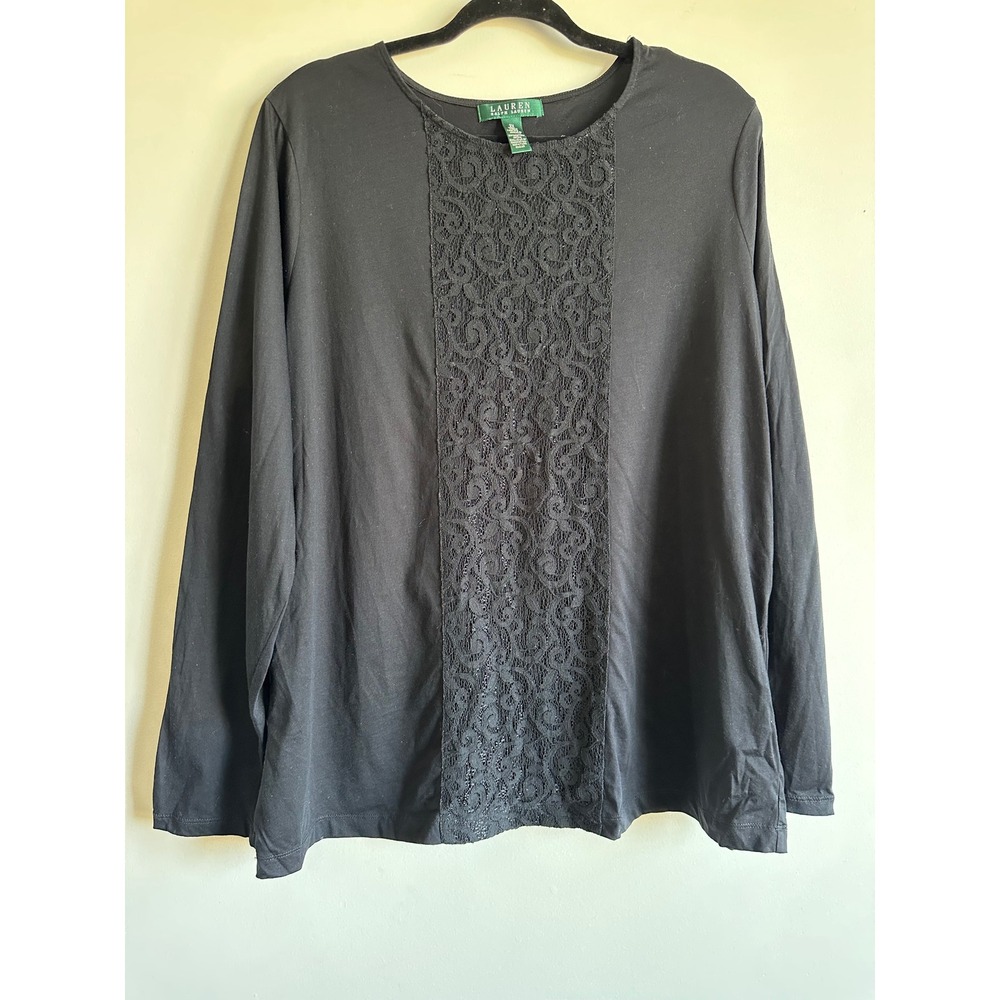 Lauren Ralph Lauren Black Lace Panel Long Sleeve Cotton Top 2X